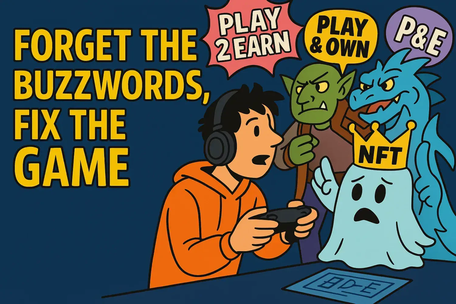 A young gamer playing a video game surrounded by digital monsters including a ghostly figure with a crown labeled NFT, emphasizing the importance of fixing bugs and understanding buzzwords in gaming.
