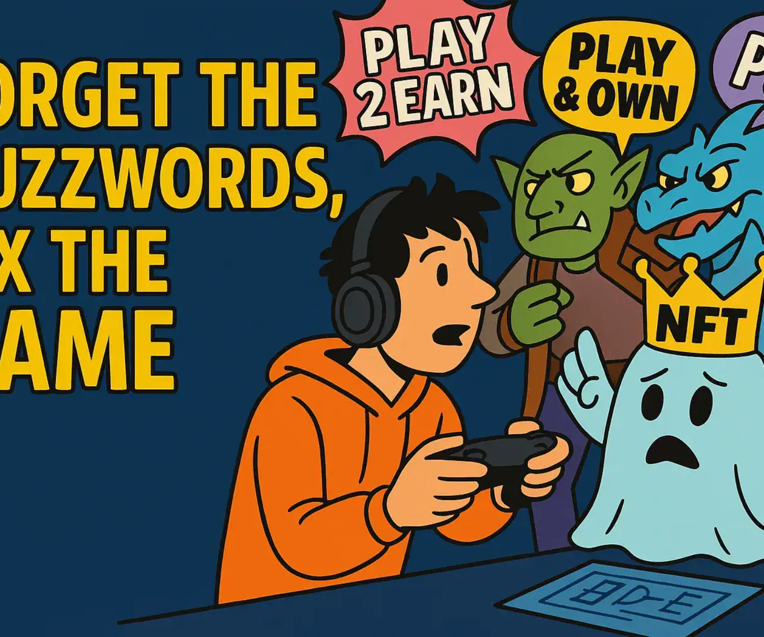 A young gamer playing a video game surrounded by digital monsters including a ghostly figure with a crown labeled NFT, emphasizing the importance of fixing bugs and understanding buzzwords in gaming.