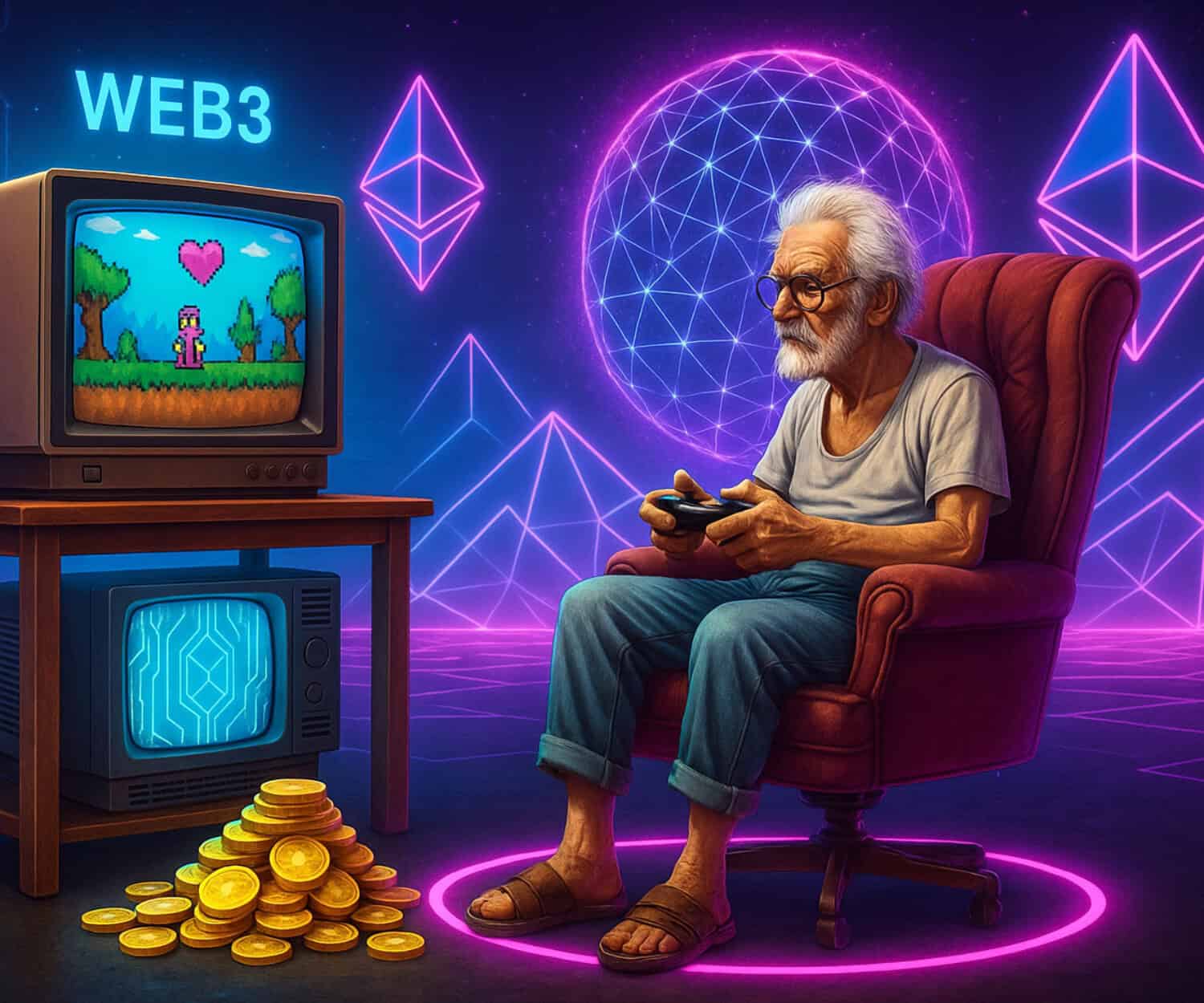 Retro gamer playing pixel art video game in a neon-lit digital world, symbolizing Web3 gaming innovation.