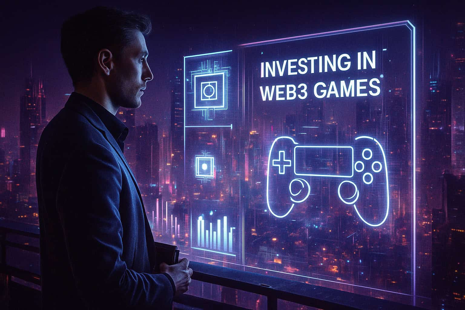 Investing in web3 games on digital billboard with neon gaming icons and futuristic cityscape background.
