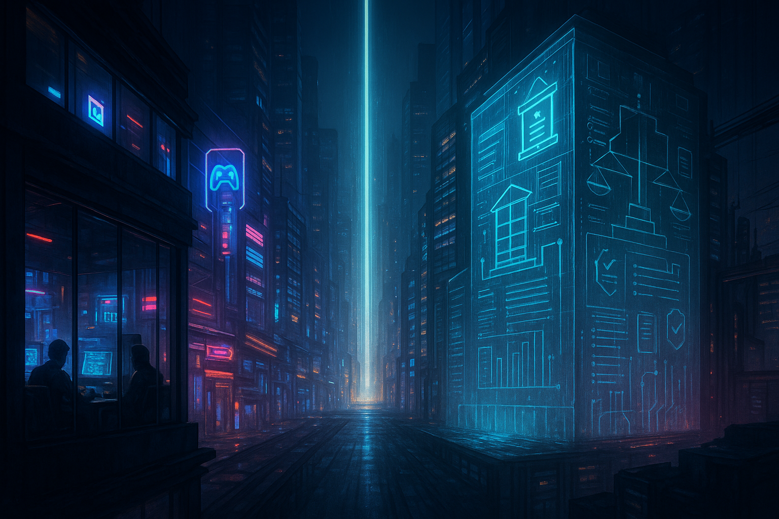 A dark, neon-lit city scene featuring digital graphics, gaming icons, and futuristic architecture, emphasizing Triolith Games' focus on cutting-edge gaming experiences and innovative entertainment design.